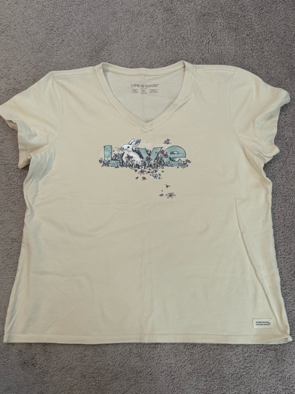 Life Is Good Cream V-Neck Tee with Bunny Graphic